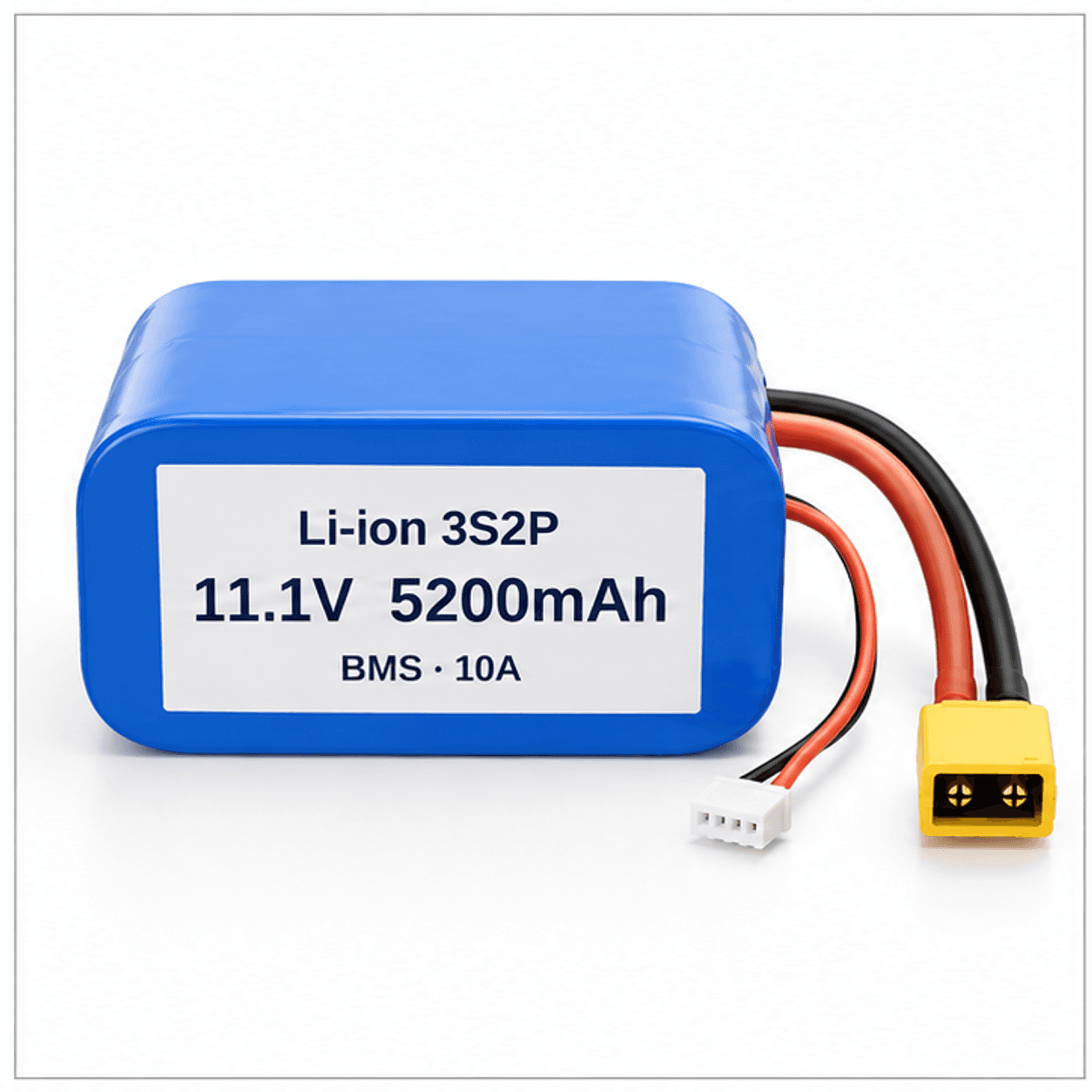 Pack pin Li-ion 3S2P 11.1V 5200mAh bọc co nhiệt xanh, có dây nguồn và dây cân bằng — ảnh minh hoạ photorealistic tạo bằng AI