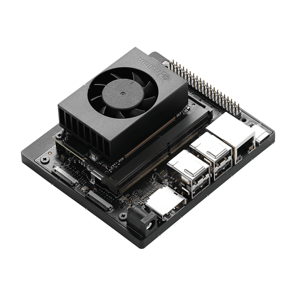 Jetson Orin Nano Developer Kit — module có tản nhiệt và quạt trên bo mạch mang, cụm cổng USB/Ethernet/DisplayPort. Ảnh: NVIDIA (Jetson Orin Nano Developer Kit User Guide)