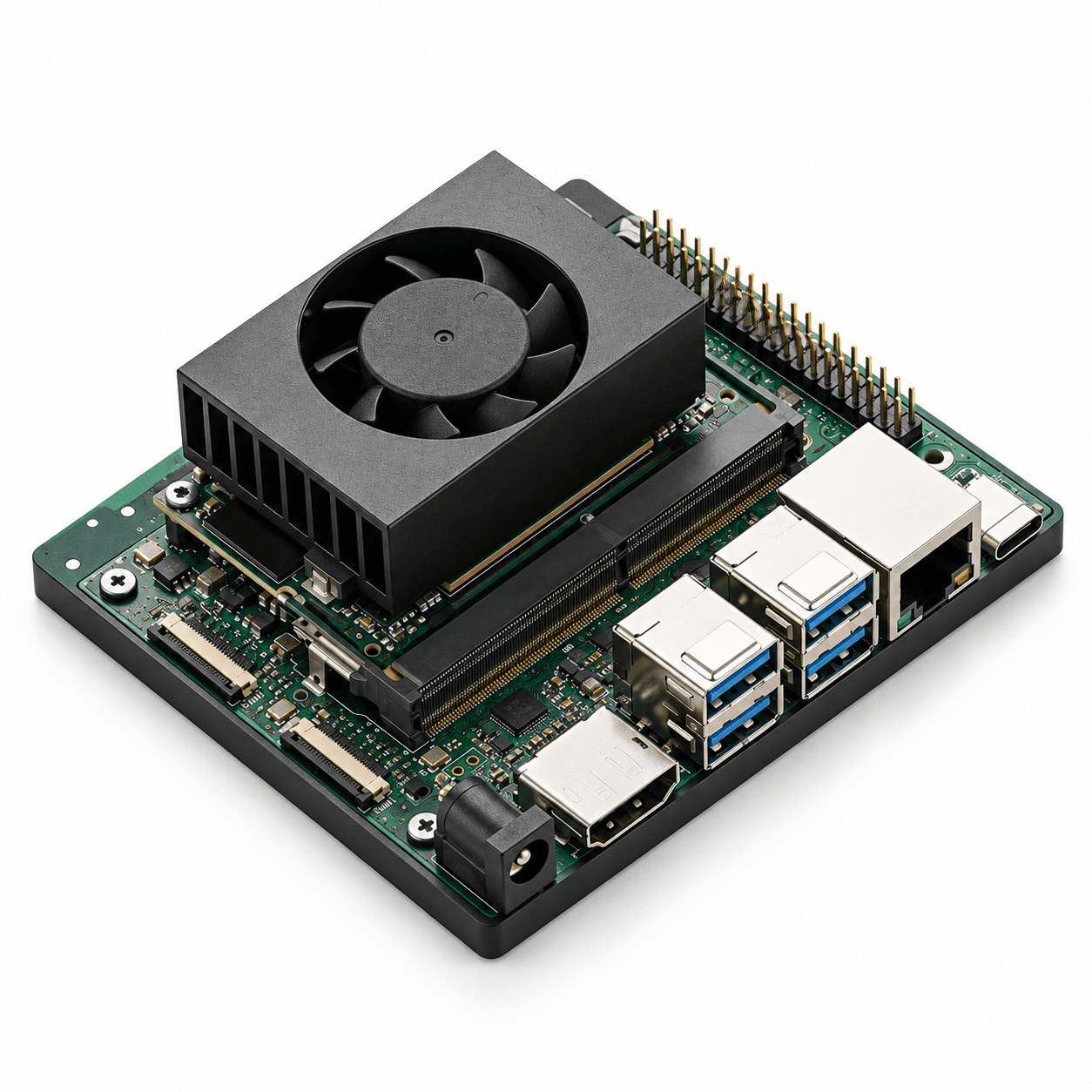 Jetson Orin Nano Developer Kit góc nghiêng 3/4, thấy tản nhiệt quạt, cụm cổng và bo mạch — ảnh minh hoạ photorealistic tạo bằng AI