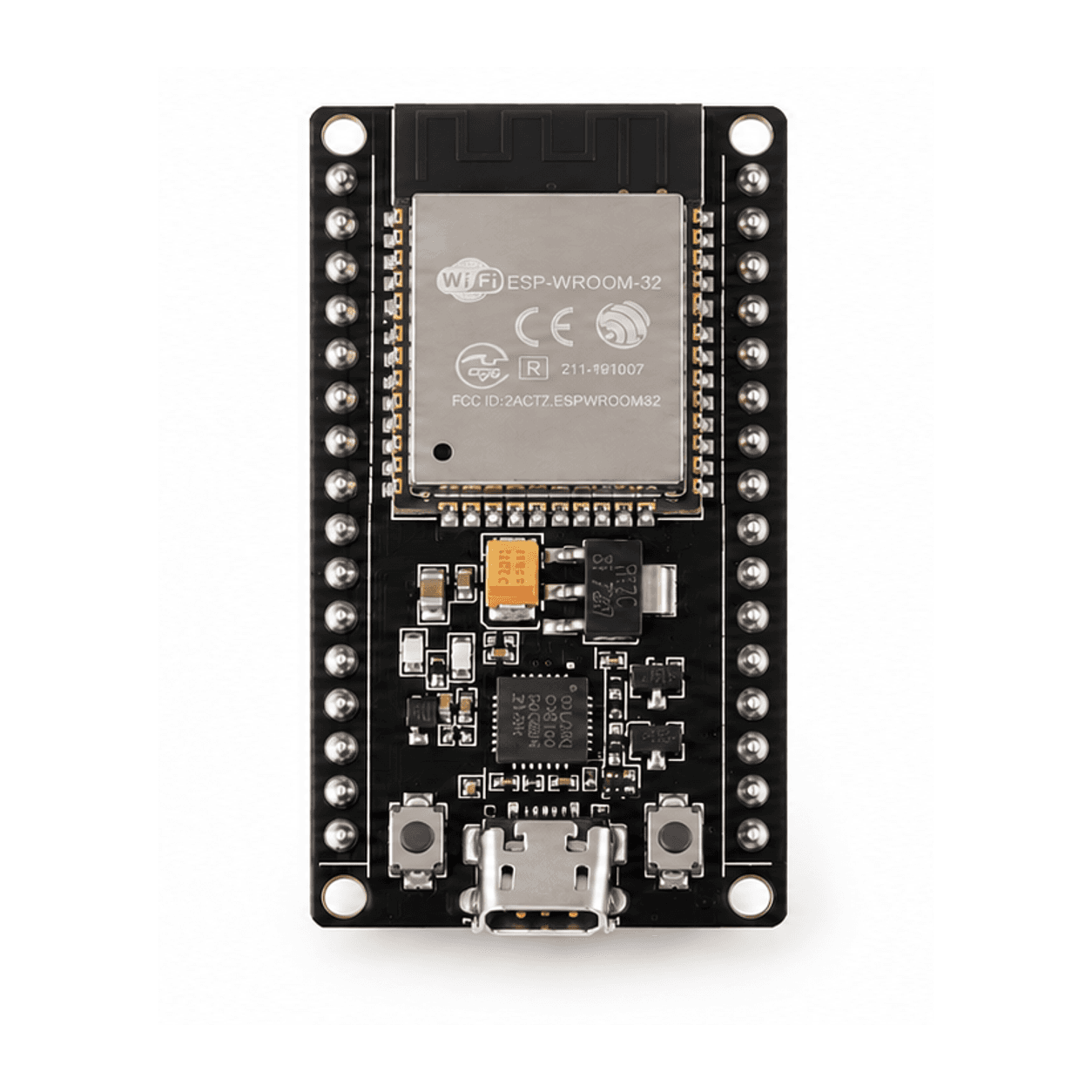Kit ESP32 nhìn từ trên, hai hàng chân và nút EN/BOOT — ảnh minh hoạ AI theo ảnh mẫu thực tế
