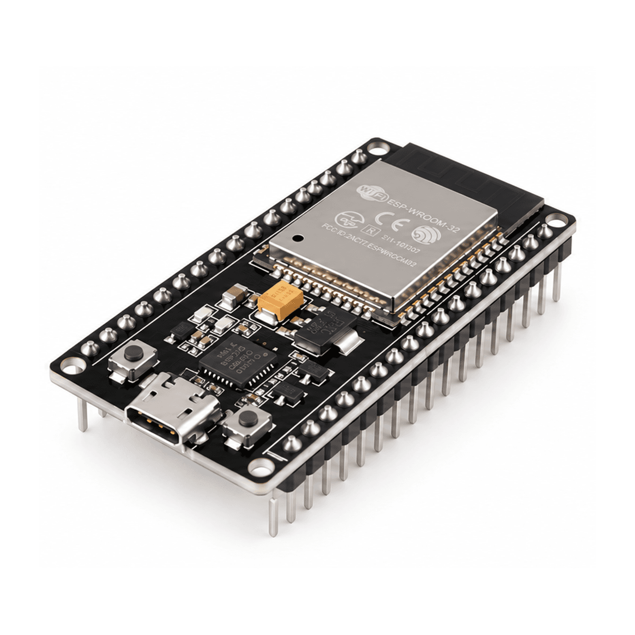 Kit ESP32 góc thấp, thấy cổng micro-USB và chân cắm — ảnh minh hoạ AI theo ảnh mẫu thực tế