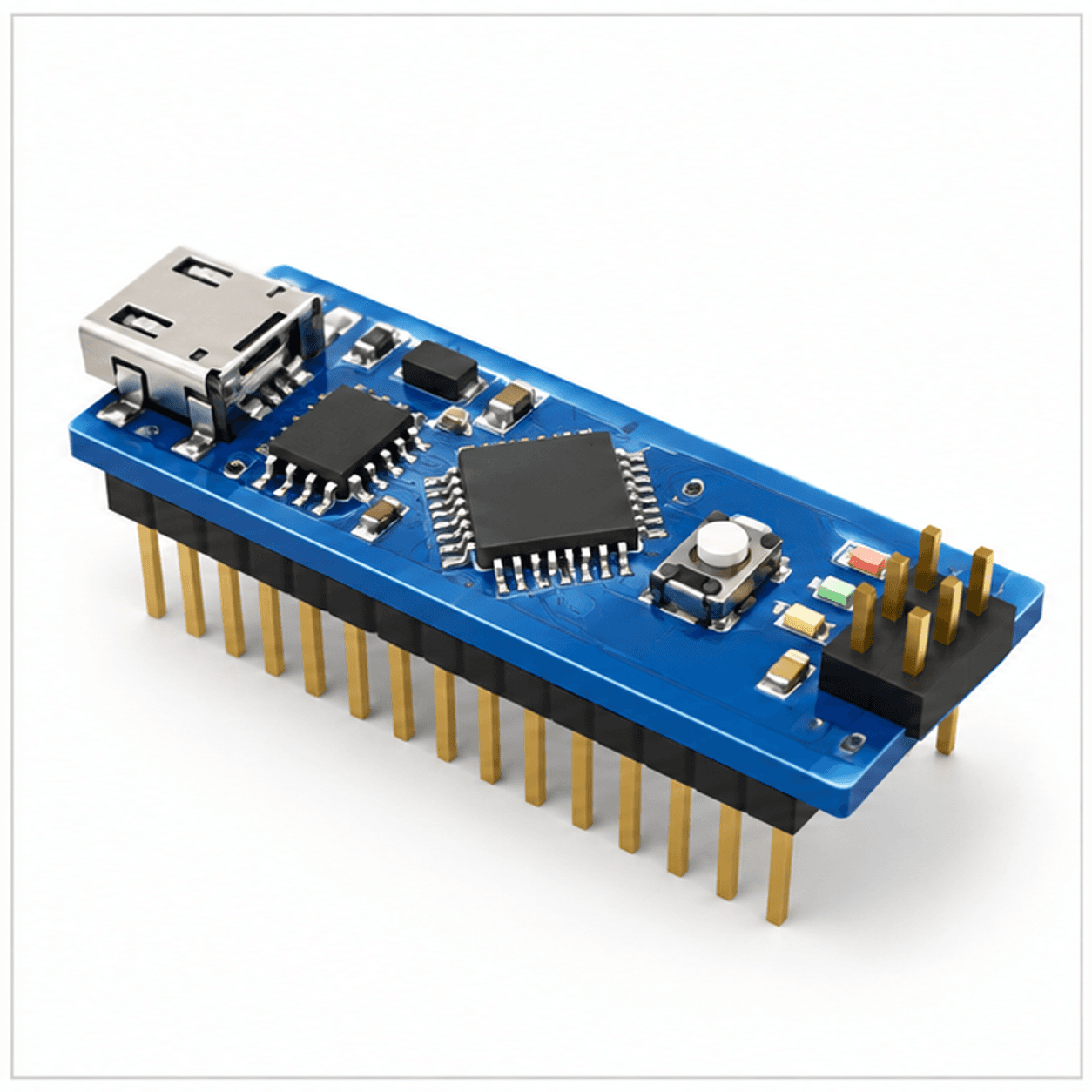 Mạch Nano ATmega328P góc nghiêng 3/4, thấy rõ chip chính, cổng USB và hàng chân — ảnh minh hoạ photorealistic tạo bằng AI
