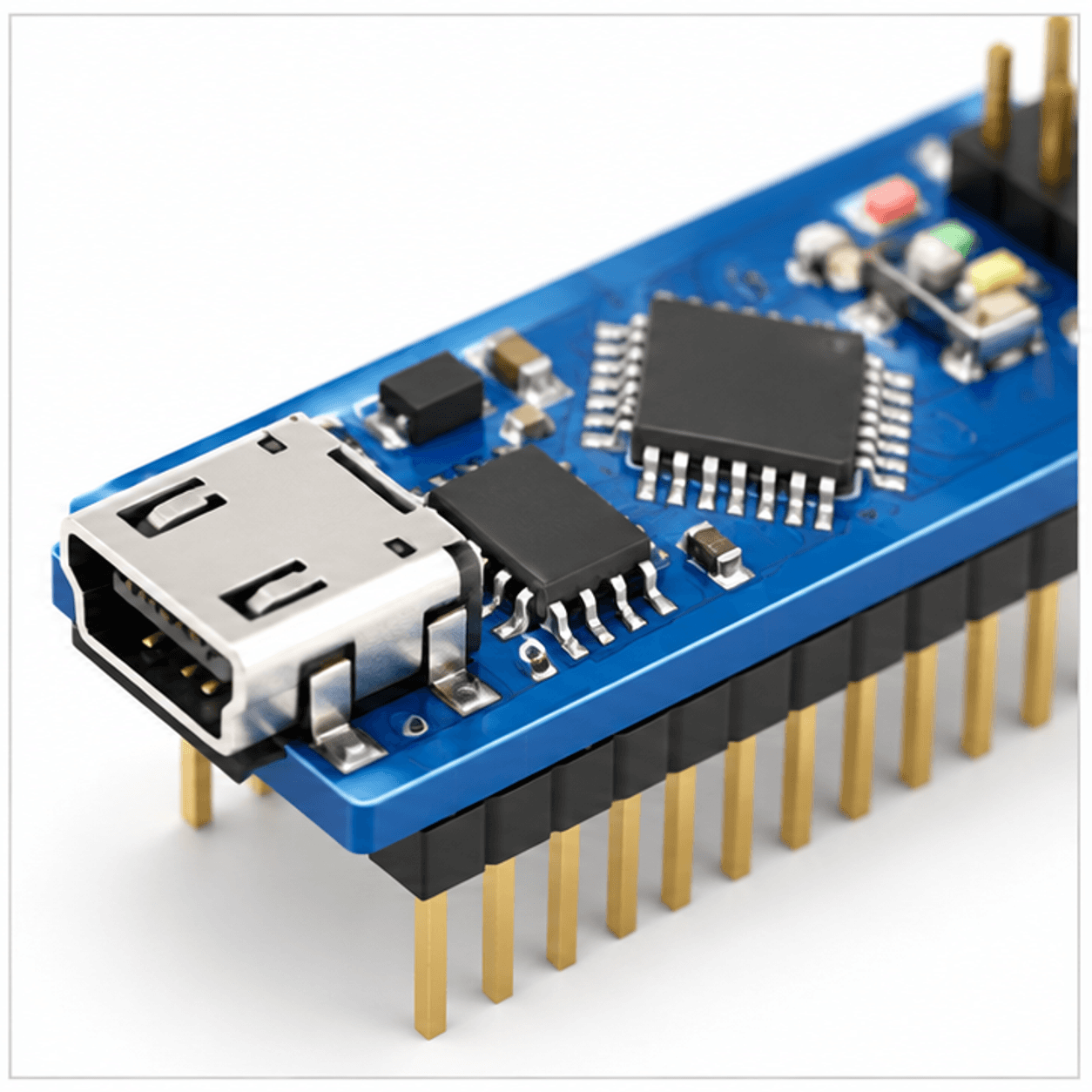 Cận cảnh cổng Mini USB, chip CH340/ATmega328P và hàng chân của mạch Nano — ảnh minh hoạ photorealistic tạo bằng AI