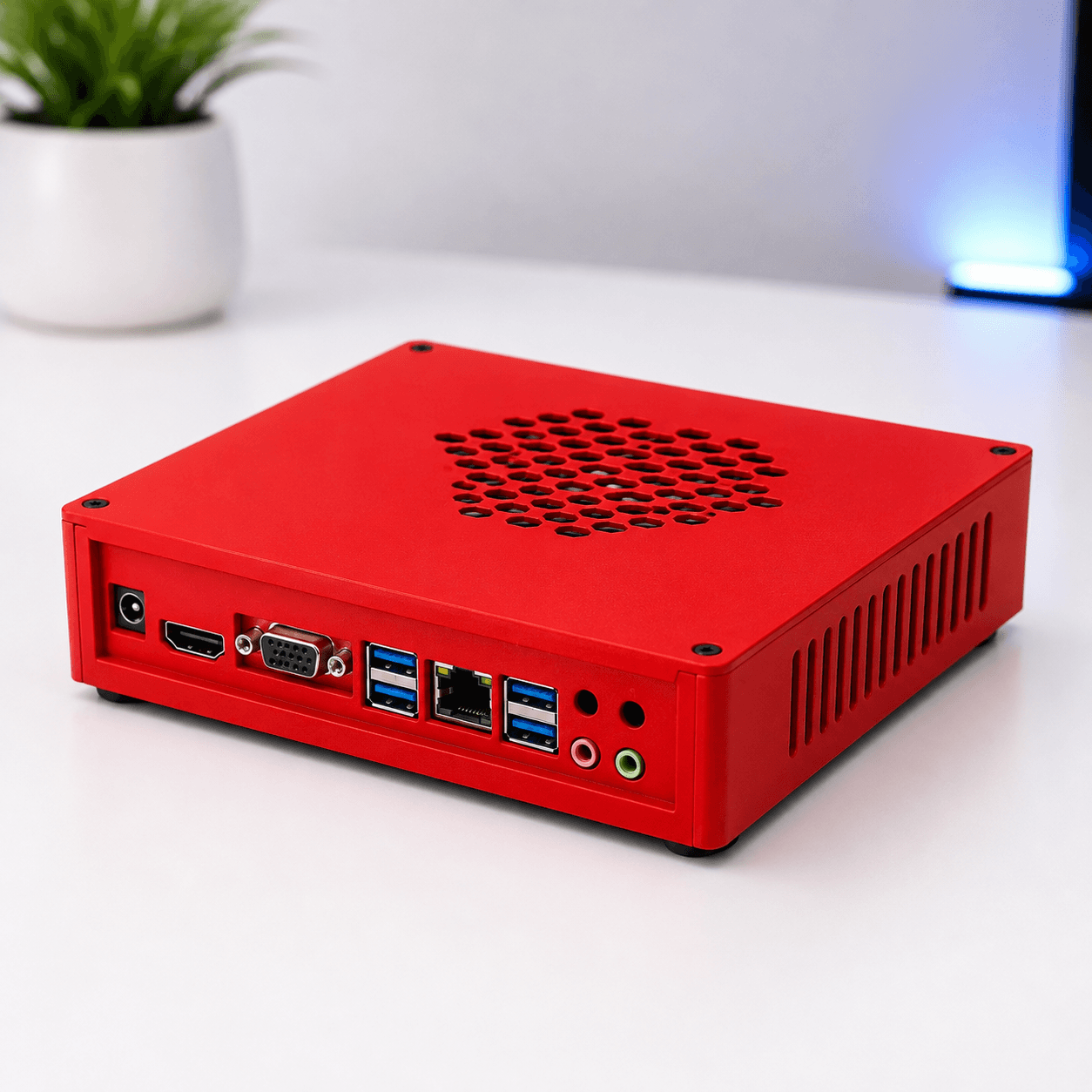Mini PC H110 — góc nghiêng, đầy đủ cổng