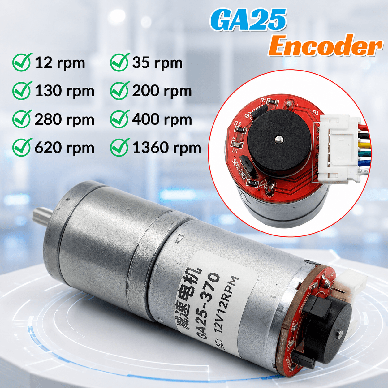 GA25 Encoder — các mức tốc độ có sẵn và cận cảnh board encoder
