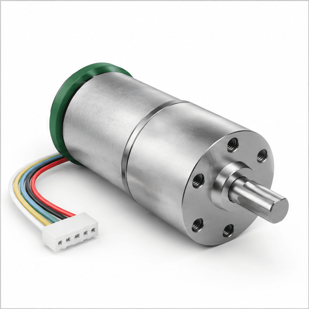 Động cơ JGB37-520 góc nghiêng từ phía trục, thấy mặt hộp số và dây encoder — ảnh minh hoạ photorealistic tạo bằng AI