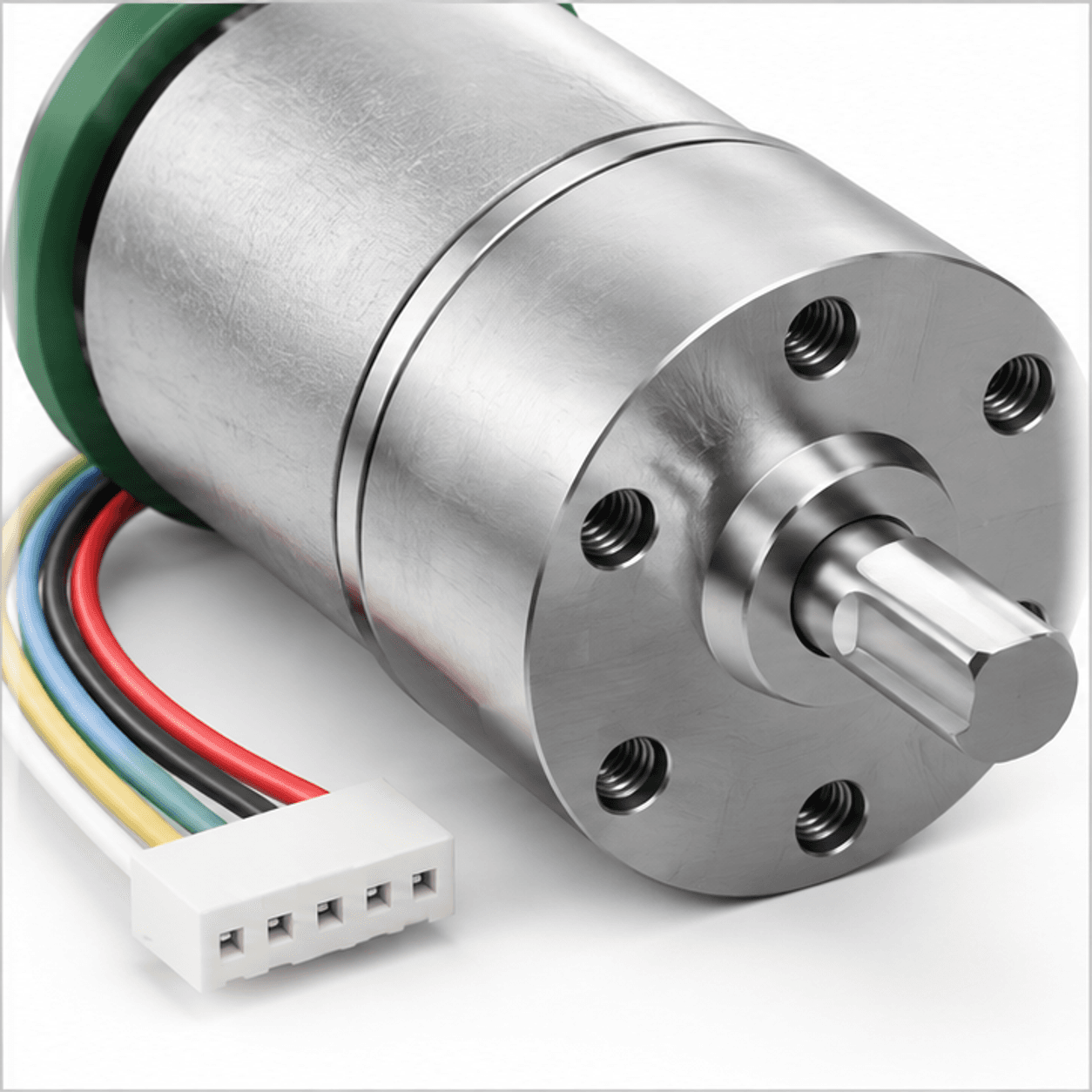 Cận cảnh trục D, mặt hộp số và đầu cắm dây encoder của động cơ JGB37-520 — ảnh minh hoạ photorealistic tạo bằng AI