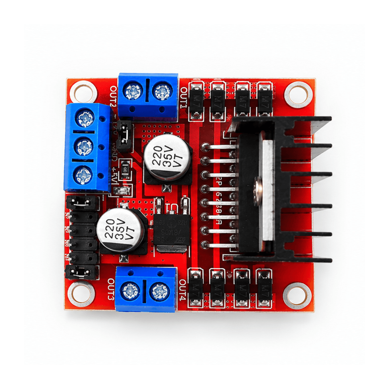 Module L298N nhìn từ trên, mặt linh kiện — ảnh minh hoạ AI theo ảnh mẫu thực tế