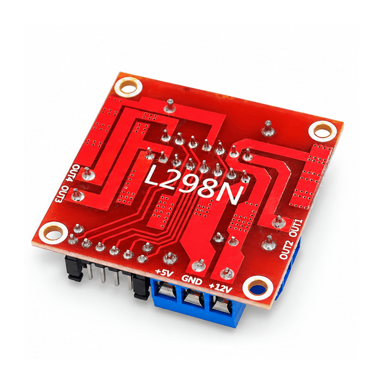 Module L298N mặt dưới, mạch in đỏ và chân hàn — ảnh minh hoạ AI theo ảnh mẫu thực tế