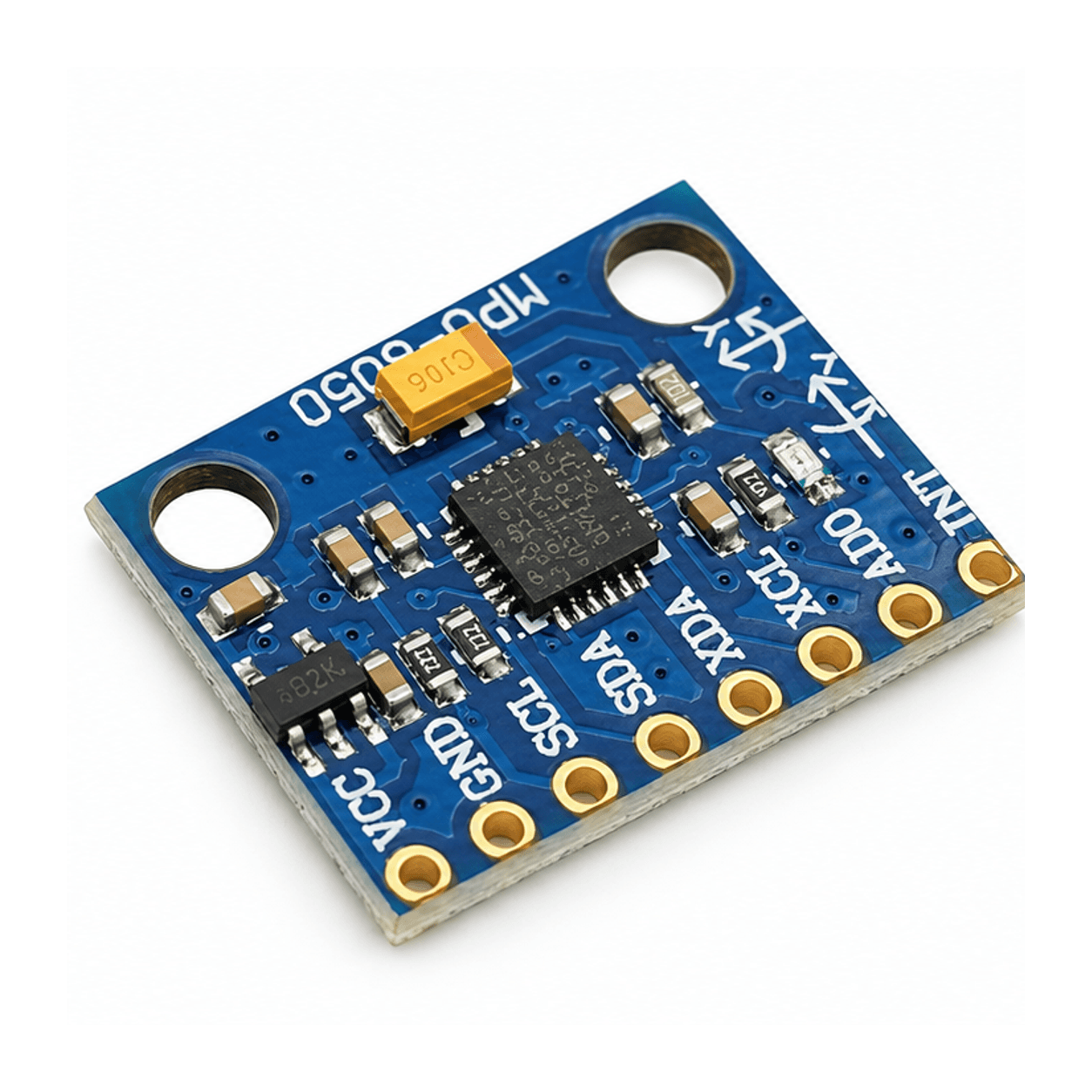 Bo MPU6050 GY-521 góc nghiêng, PCB xanh và hàng tám lỗ chân kết nối — ảnh minh hoạ AI theo ảnh mẫu thực tế
