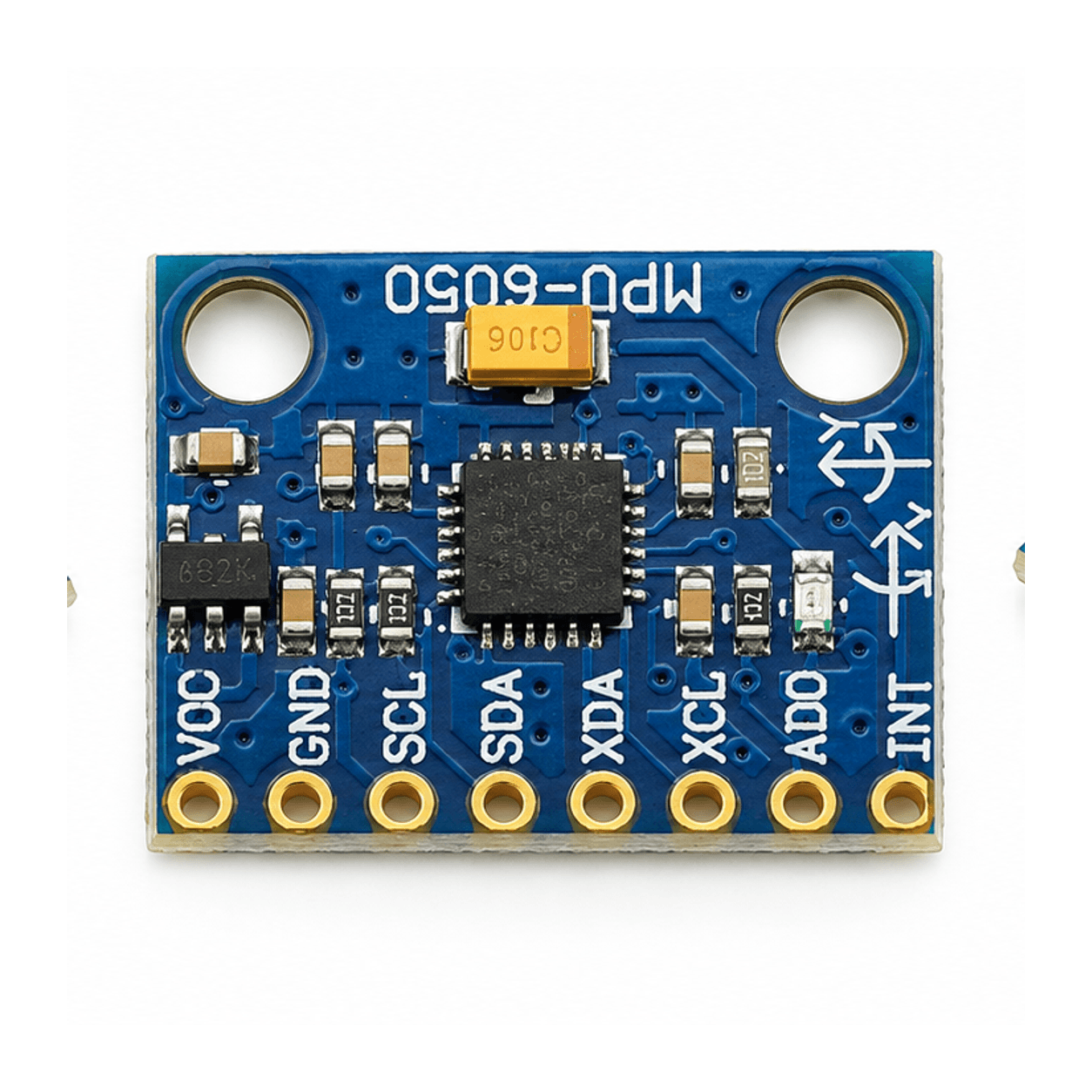 Bo MPU6050 GY-521 nhìn từ trên, hai lỗ bắt vít và chip IMU trung tâm — ảnh minh hoạ AI theo ảnh mẫu thực tế