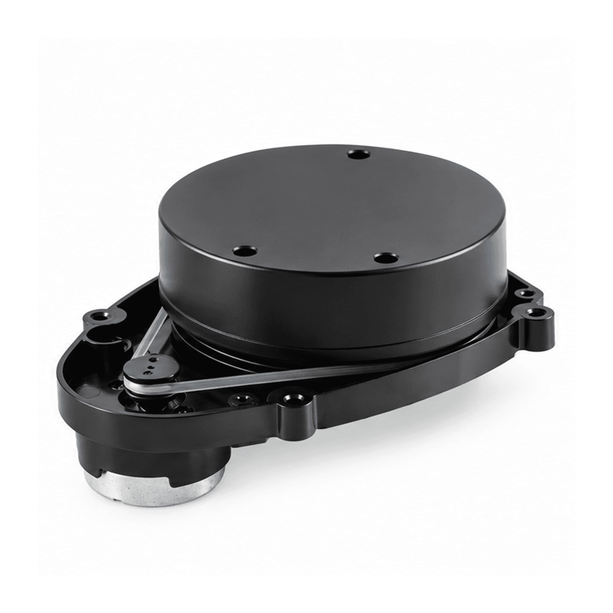 YDLIDAR góc thấp, thấy đai truyền động và motor — ảnh minh hoạ AI theo ảnh mẫu thực tế