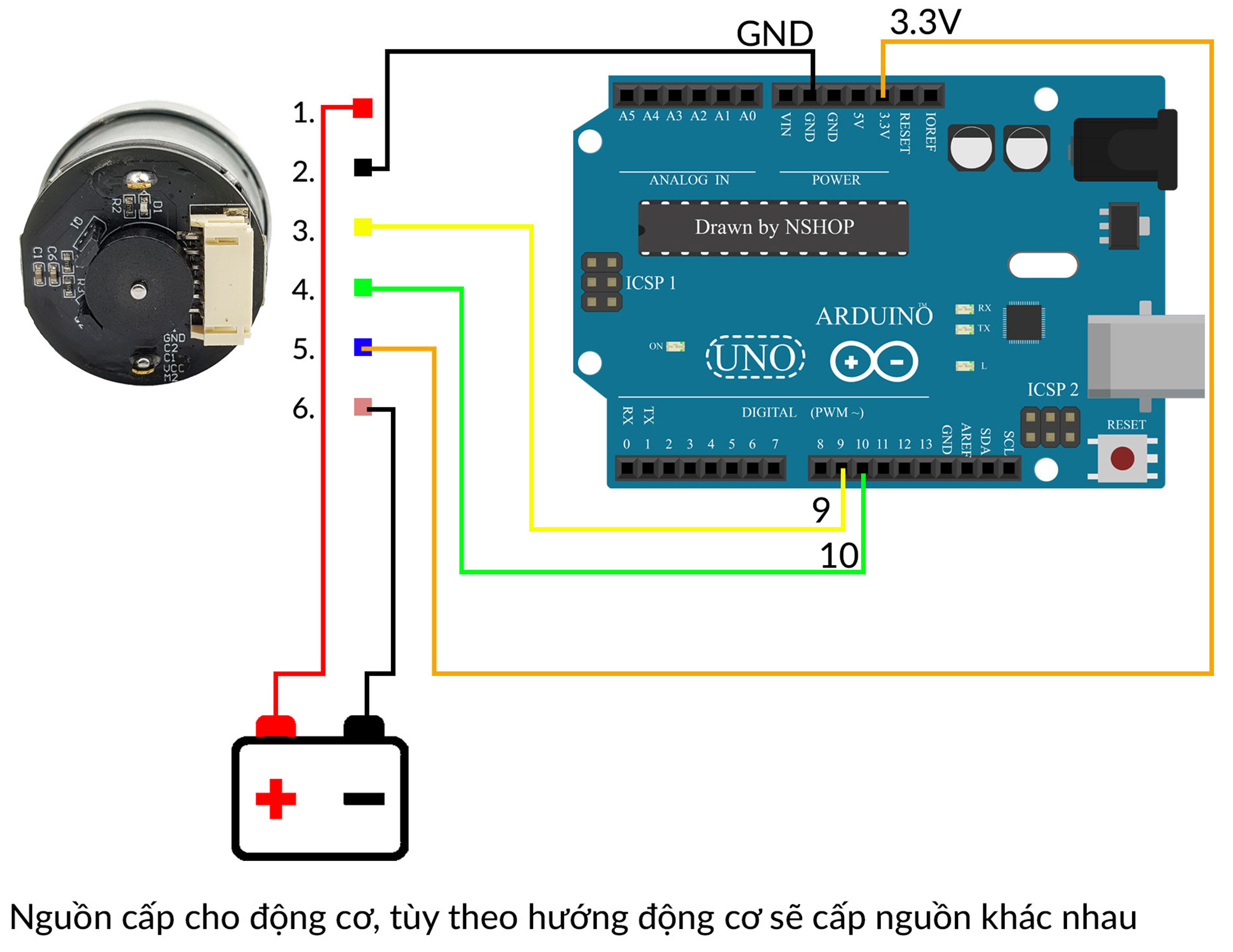 Sơ đồ kết nối tham khảo động cơ GA25-370 với Arduino UNO